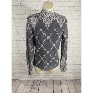 VTG Vianna By Kay Celine Grey White Semi Sheer Long Sleeve High Neck Blouse S